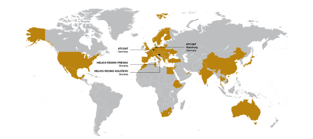 World map with four marking points of production sites: ATCOAT in Germany, Helios Resins in Slovenia